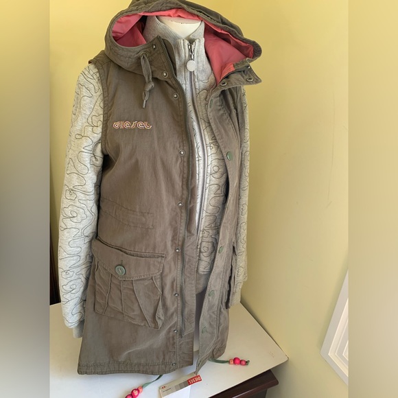 Diesel long khaki cotton cargo hooded winter vest windbreaker jacket hoodie coat - Picture 6 of 16